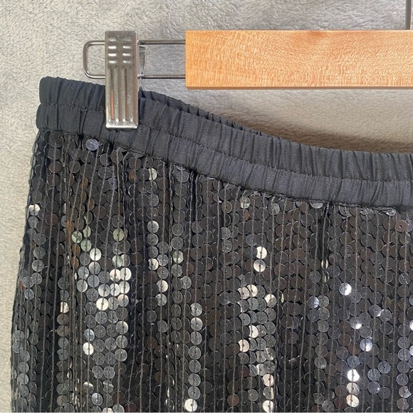 Black Sequin Silk Midi Pencil Skirt Vintage Style Lined Large Glam Cocktail - Picture 4 of 9